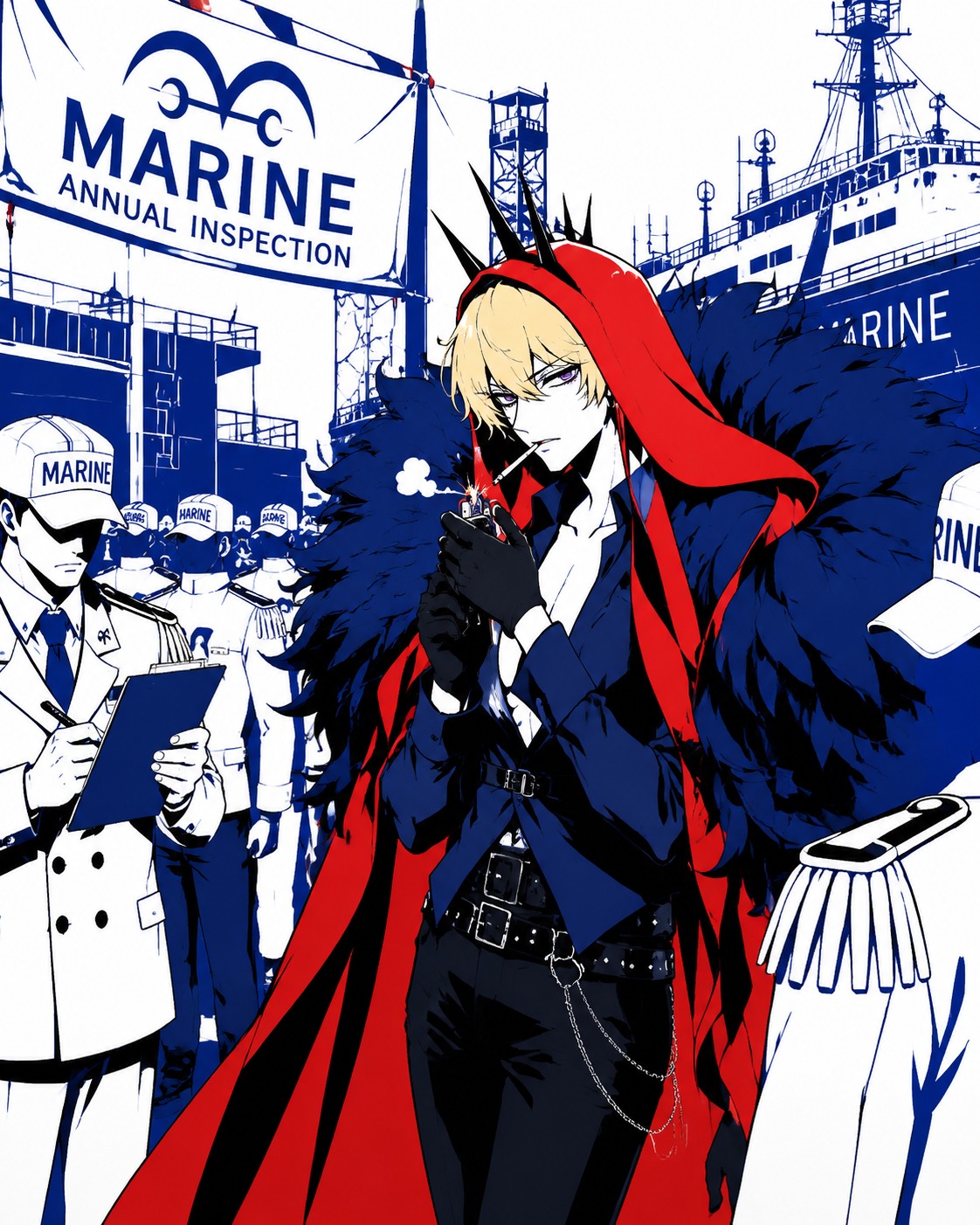 Lighting a cigarette clumsily At a busy Marine base during inspection (minimalist line art with bold primary colors)