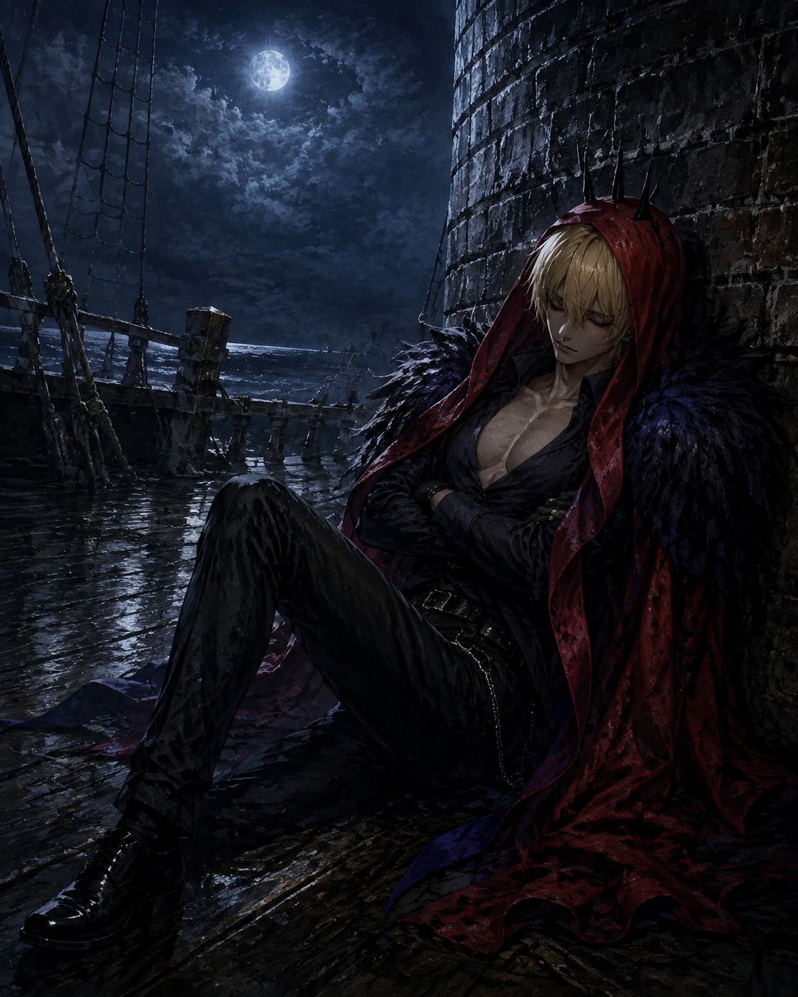 Napping against a cold brick wall On a wooden ship deck under moonlight (gritty digital painting with heavy textures)
