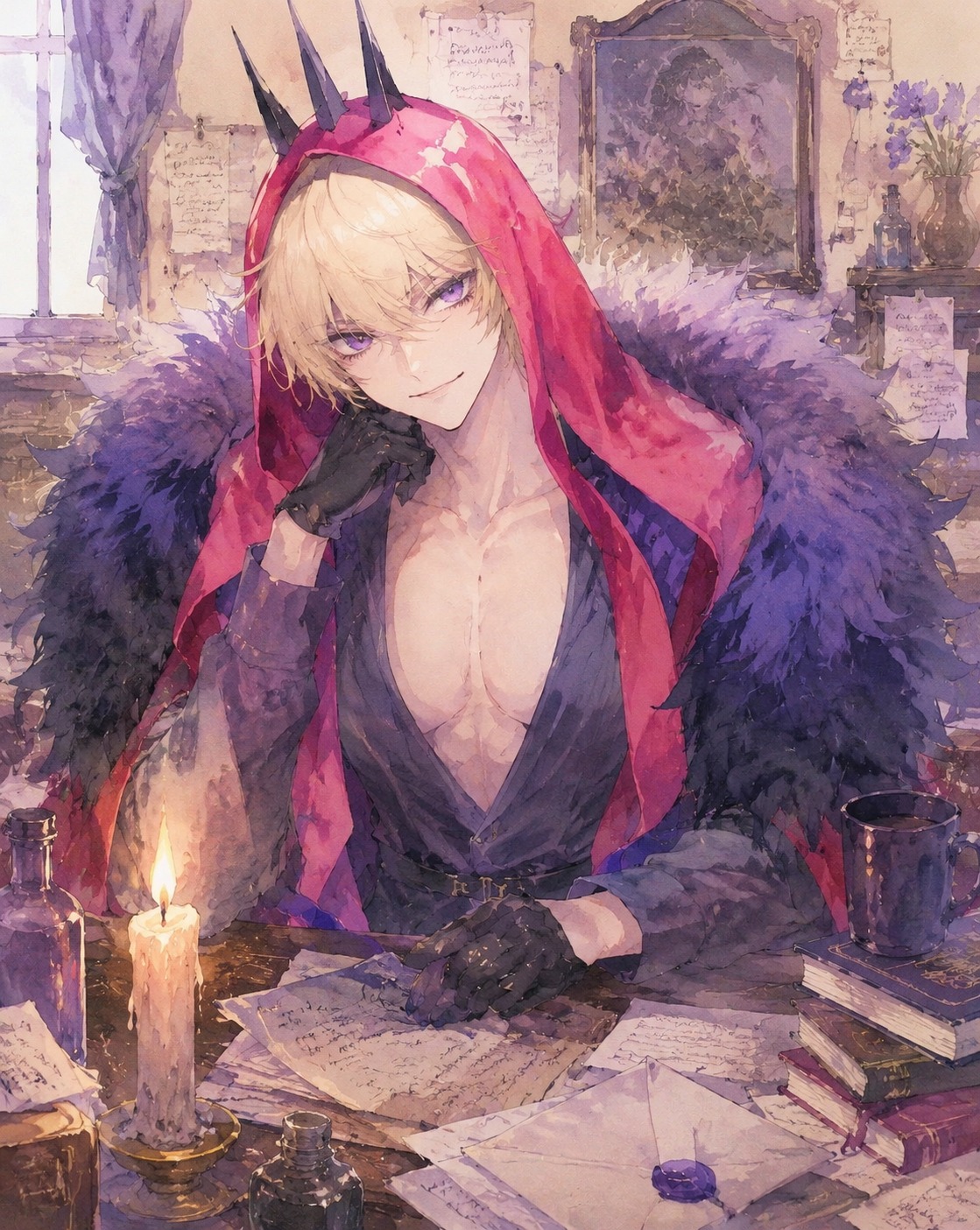 Offering a warm comforting smile At a cluttered desk with a flickering candle (soft watercolor anime with pastel tones)
