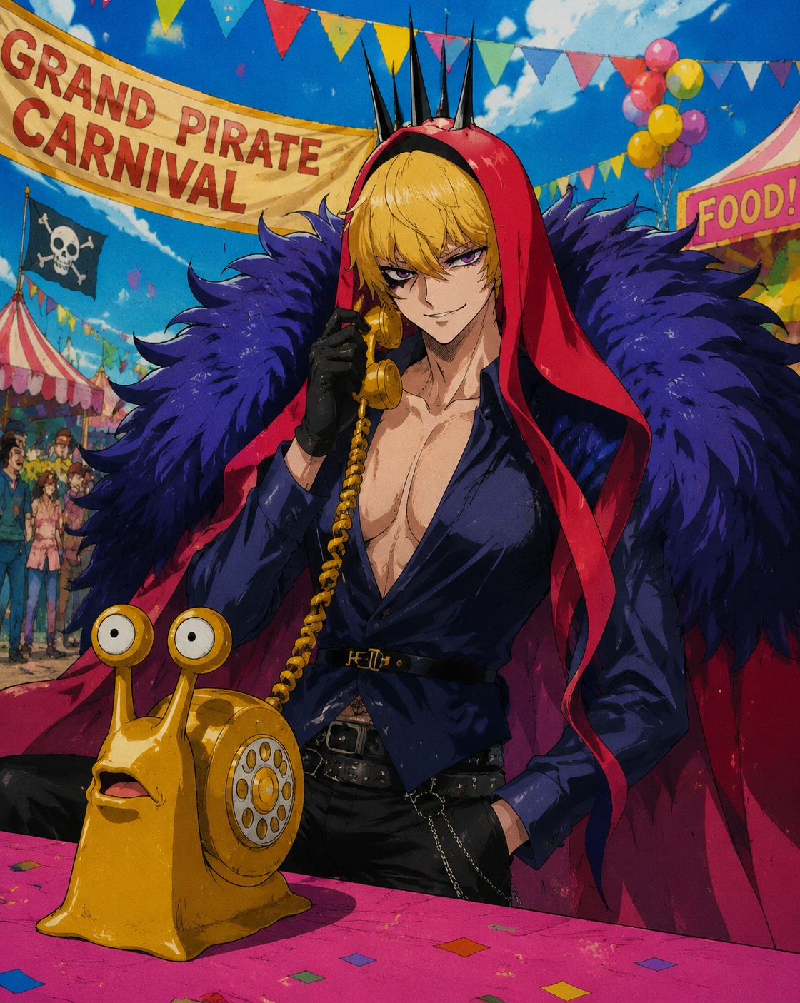 Reporting into a gold den den mushi At a colorful carnival under bright banners (retro 90s cel-shaded anime style)