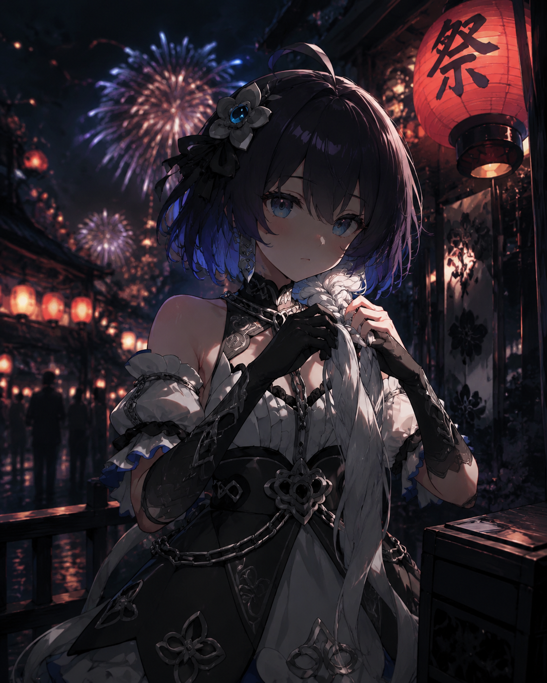 Braiding her long silver hair At a vibrant summer festival with fireworks (cinematic gothic noir, dramatic shadows)