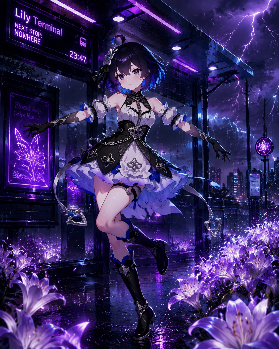 Dancing through a field of lilies At a modern bus stop during a thunderstorm (neon synthwave, vibrant purple highlights)