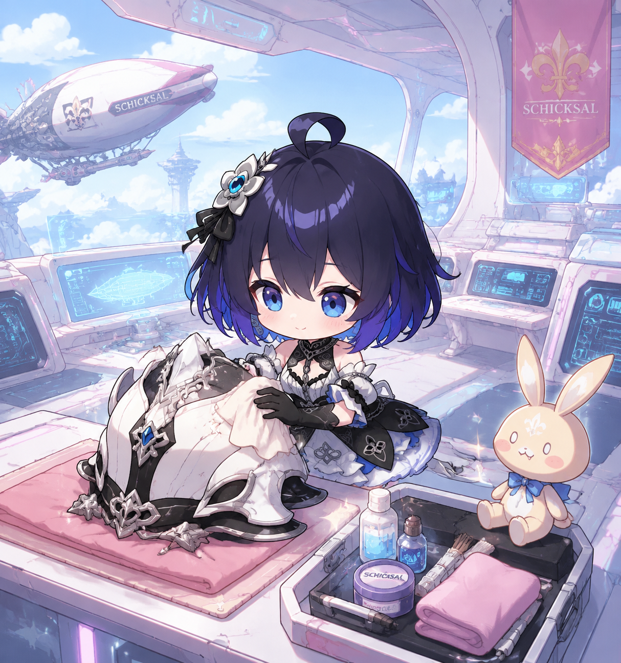 Polishing her valkyrie armor On the bridge of a high-tech Schicksal airship (chibi cute, pastel candy colors)