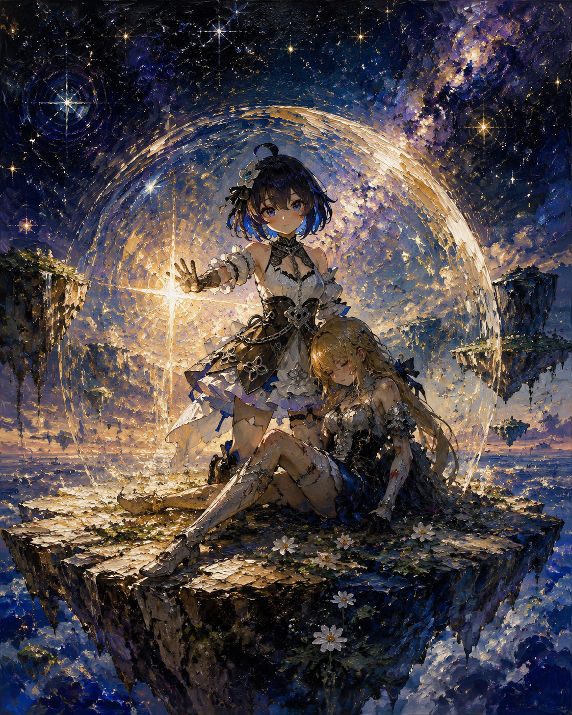 Shielding a wounded ally with light On a floating island above a sea of stars (oil painting, heavy textured brushstrokes)