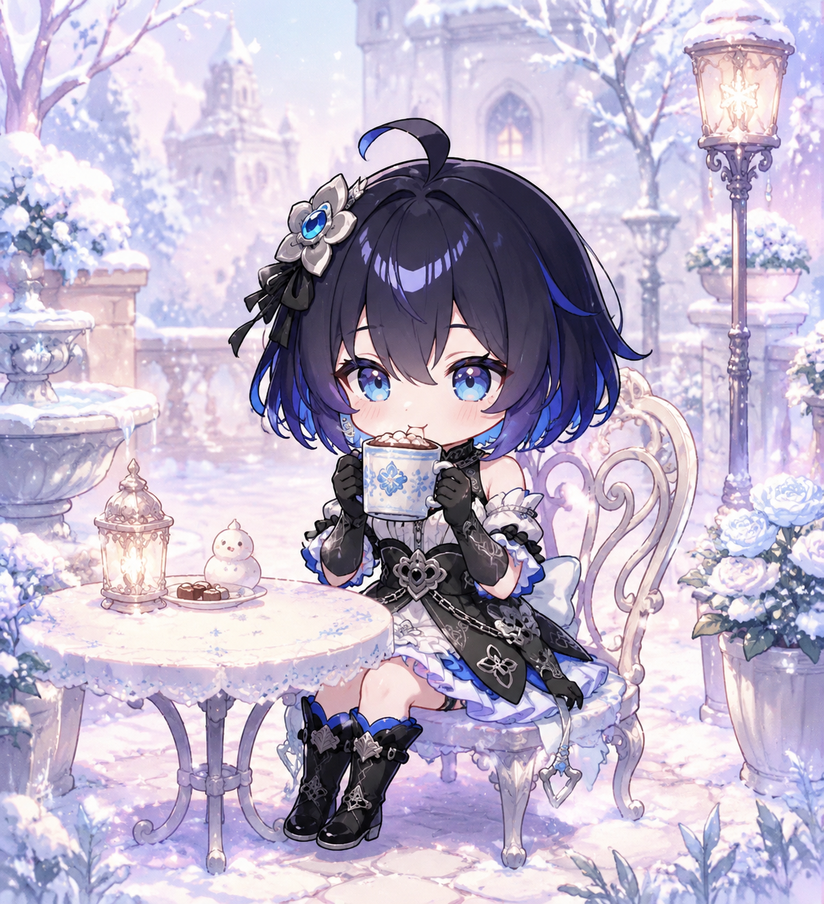 Sipping hot cocoa from a mug In a snowy courtyard during the first frost (chibi cute, pastel candy colors)