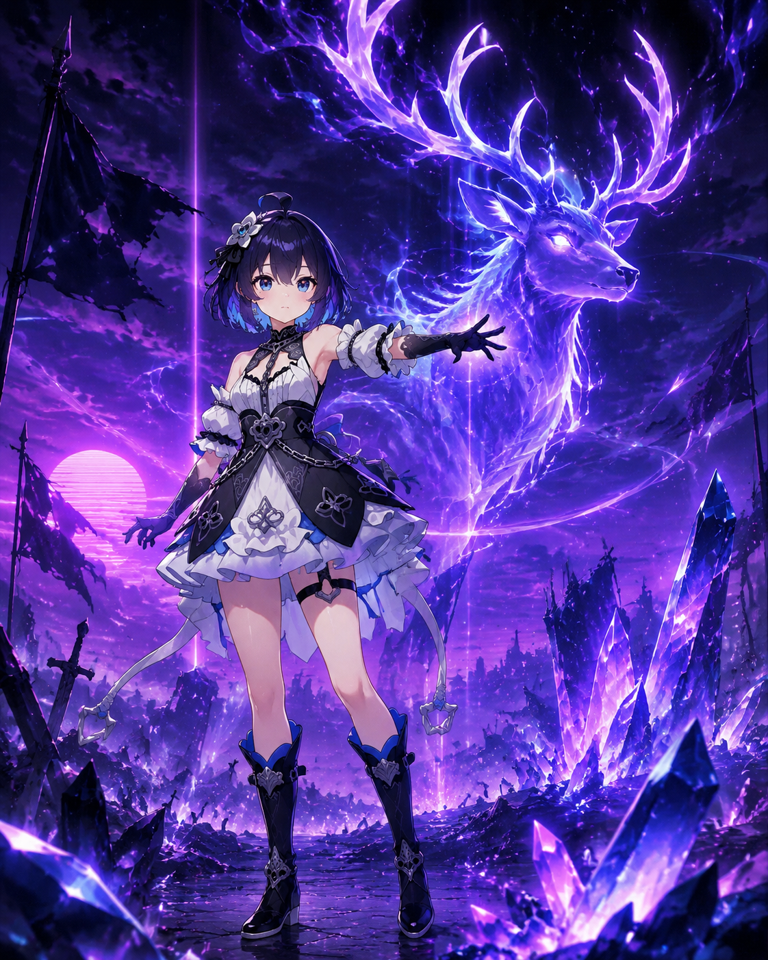 Summoning a spectral stag spirit On a battlefield littered with crystalline shards (neon synthwave, vibrant purple highlights)