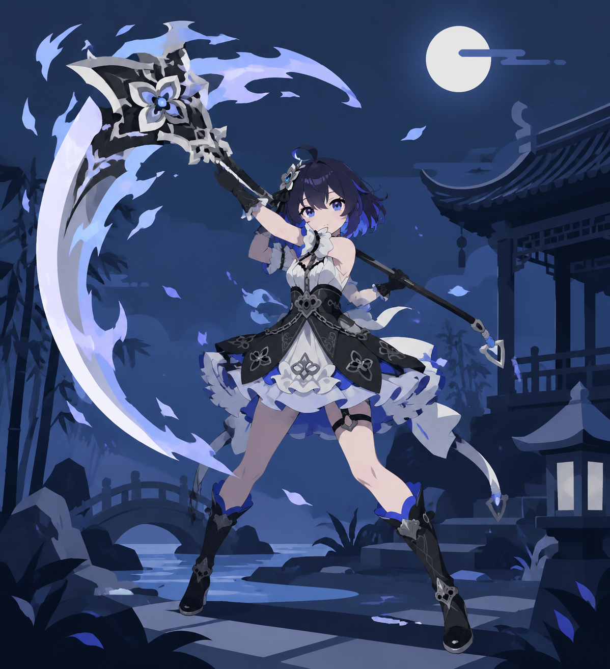 Swinging a massive ethereal scythe In an ancient temple garden under moonlight (minimalist vector art, clean flat shapes)