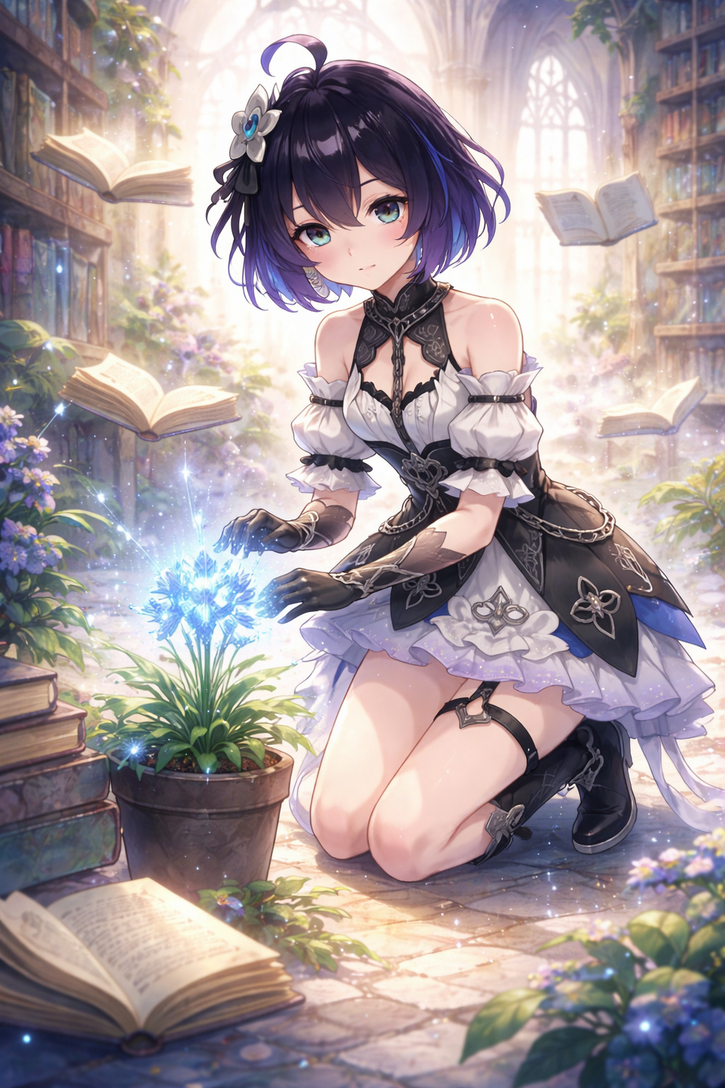 Tending to a glowing blue flower In a quiet library filled with floating books (ethereal watercolor anime, soft glowing lighting)