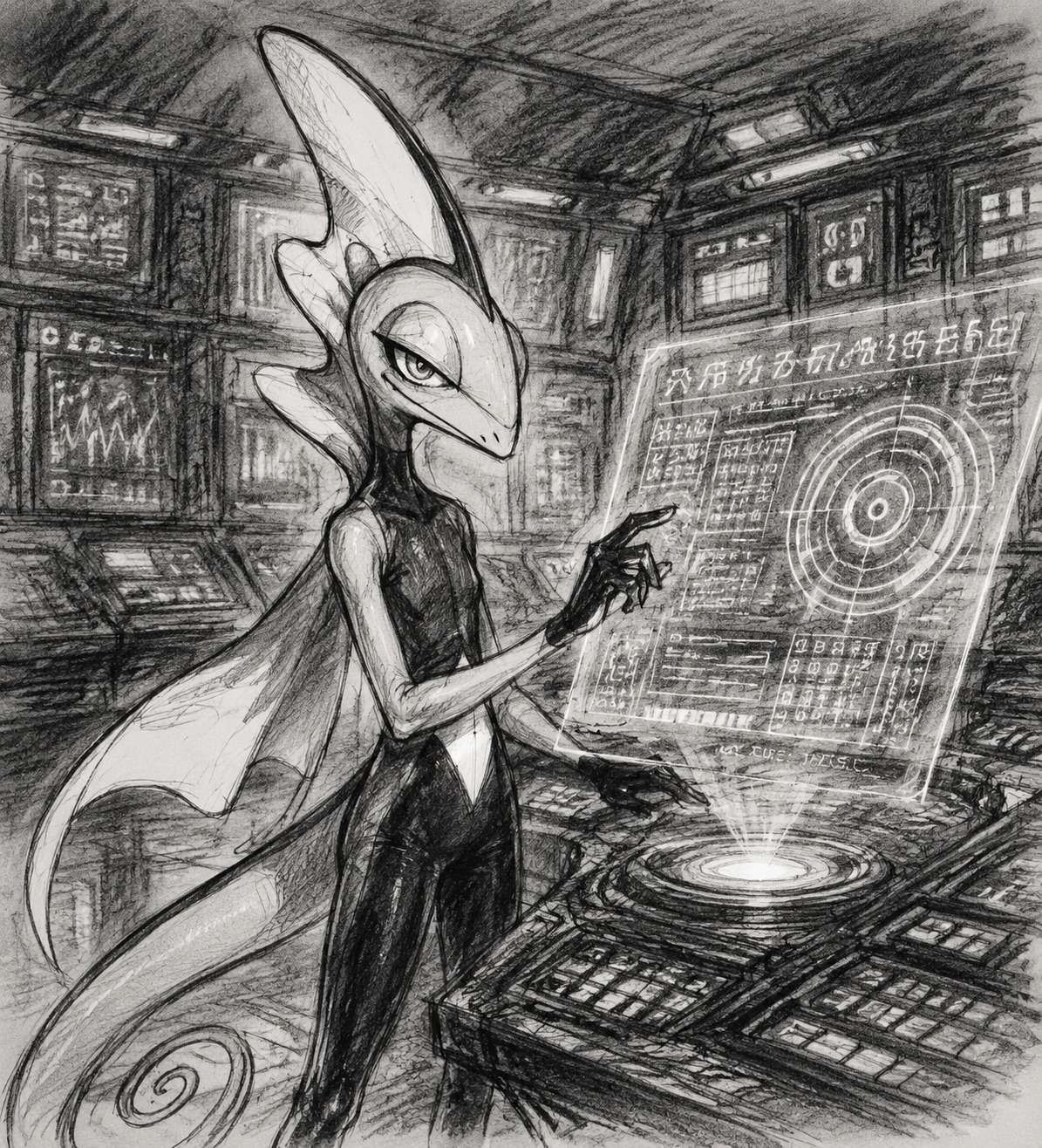 Deciphering a coded message on a holographic display At a high-tech control room filled with glowing monitors (Sketchbook charcoal, rough lines and smudged edges)