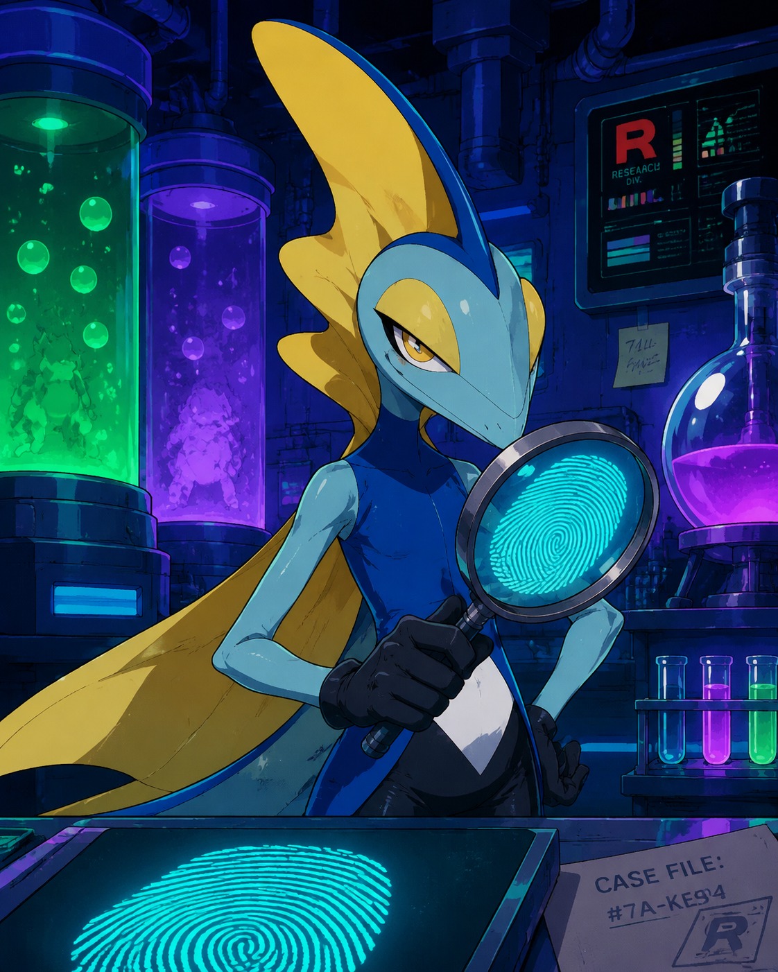 Examining a glowing fingerprint with a magnifying glass In a futuristic laboratory filled with bubbling chemical tanks (Vibrant 90s anime cel-shaded aesthetic)