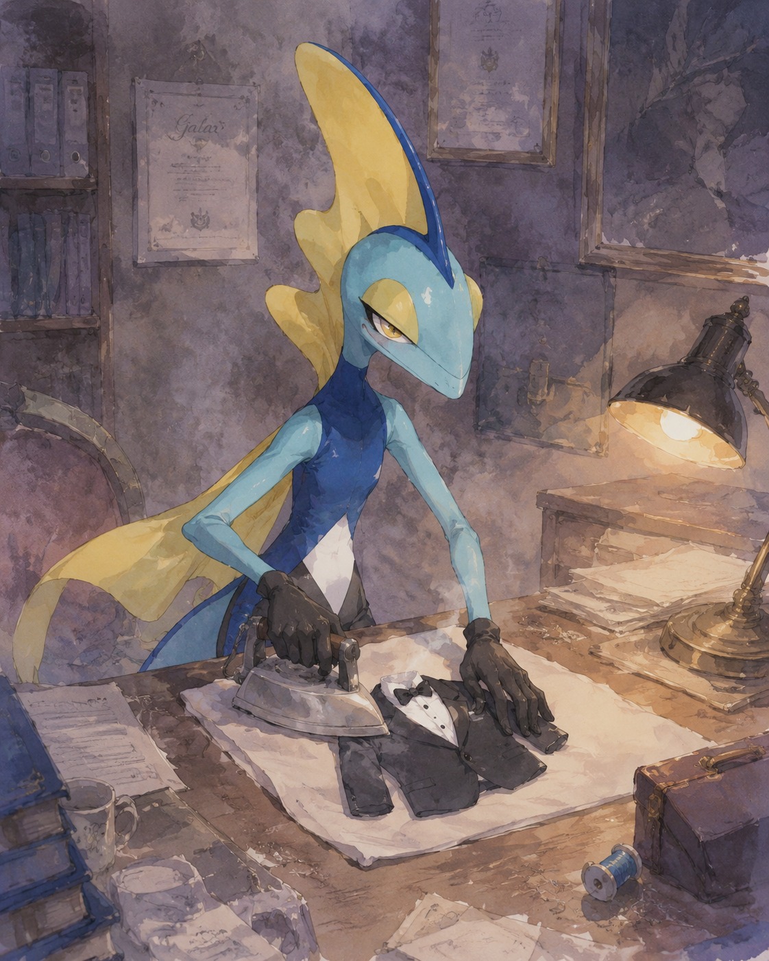 Ironing a tiny black tuxedo with precision At a messy desk inside a dimly lit private office (Soft watercolor, pastel hues and dreamy lighting)