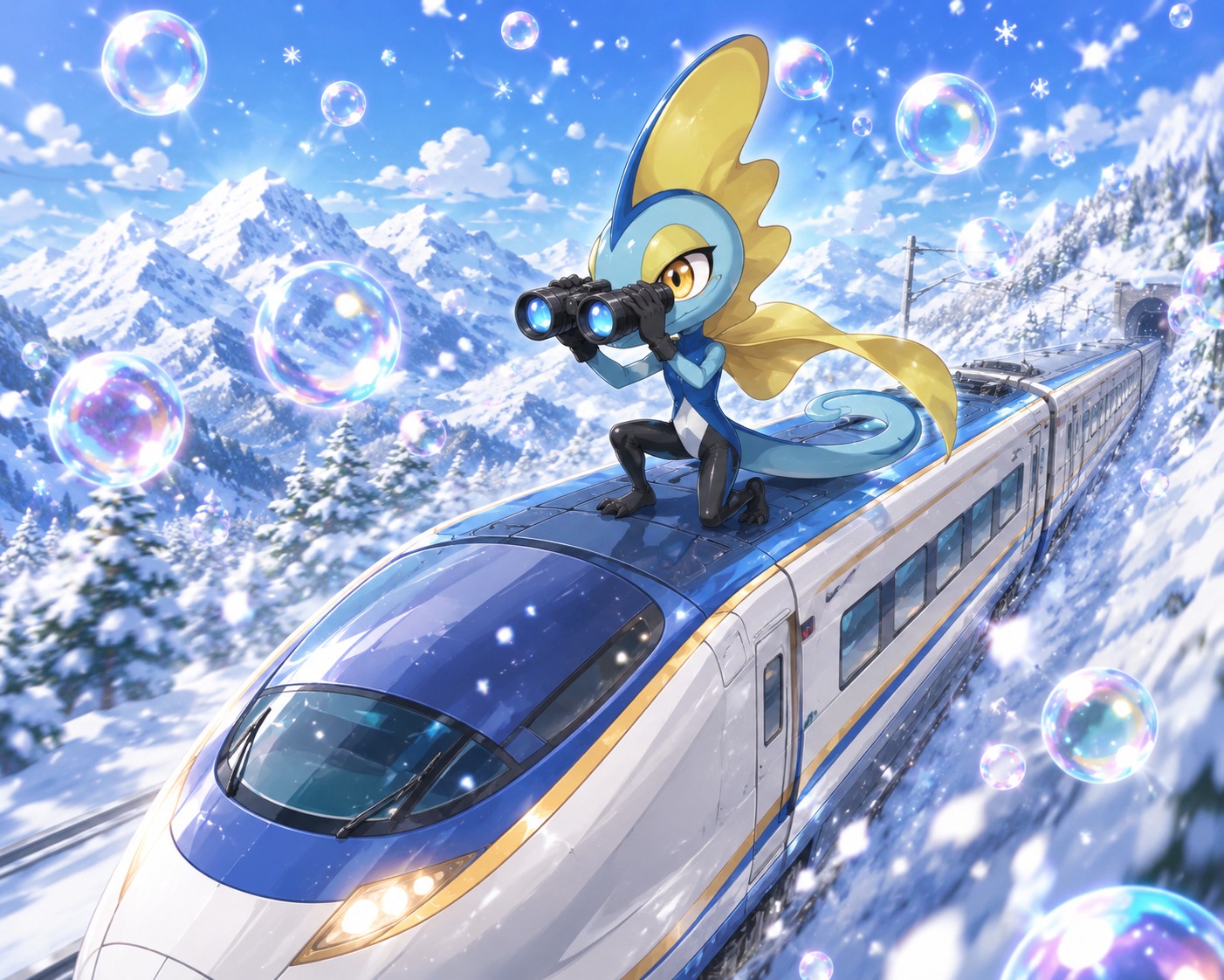 Scouting the perimeter with tactical binoculars On a speeding bullet train crossing a snowy mountain range (Chibi style, cute proportions and bright bubbles)