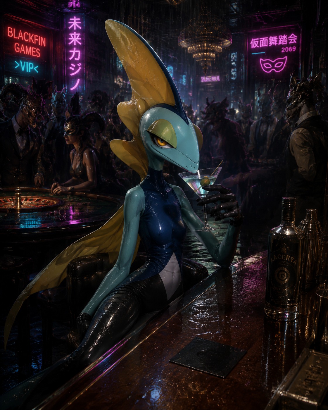 Sipping a chilled martini at a mahogany bar In a crowded underground casino during a masquerade gala (Gritty cyberpunk, neon glows and rainy reflections)