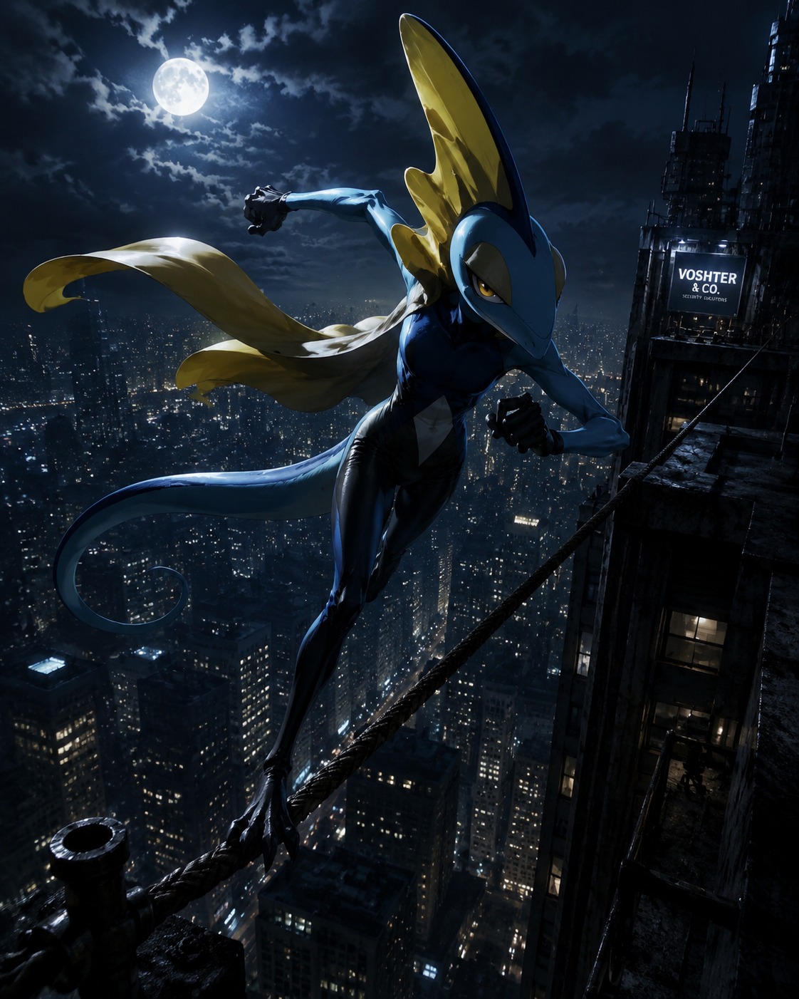 Sprinting across a narrow suspension cable On a moonlit skyscraper ledge overlooking a sprawling city (Cinematic noir, dramatic shadows and high contrast)