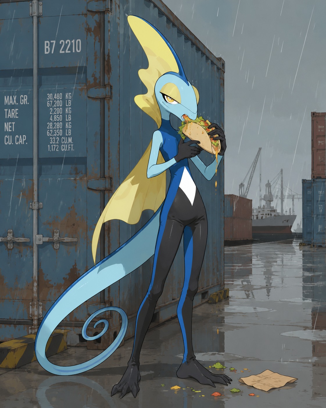 Struggling to eat a messy taco gracefully At a rainy shipping dock beside rusted metal containers (Minimalist vector art, flat colors and sharp lines)