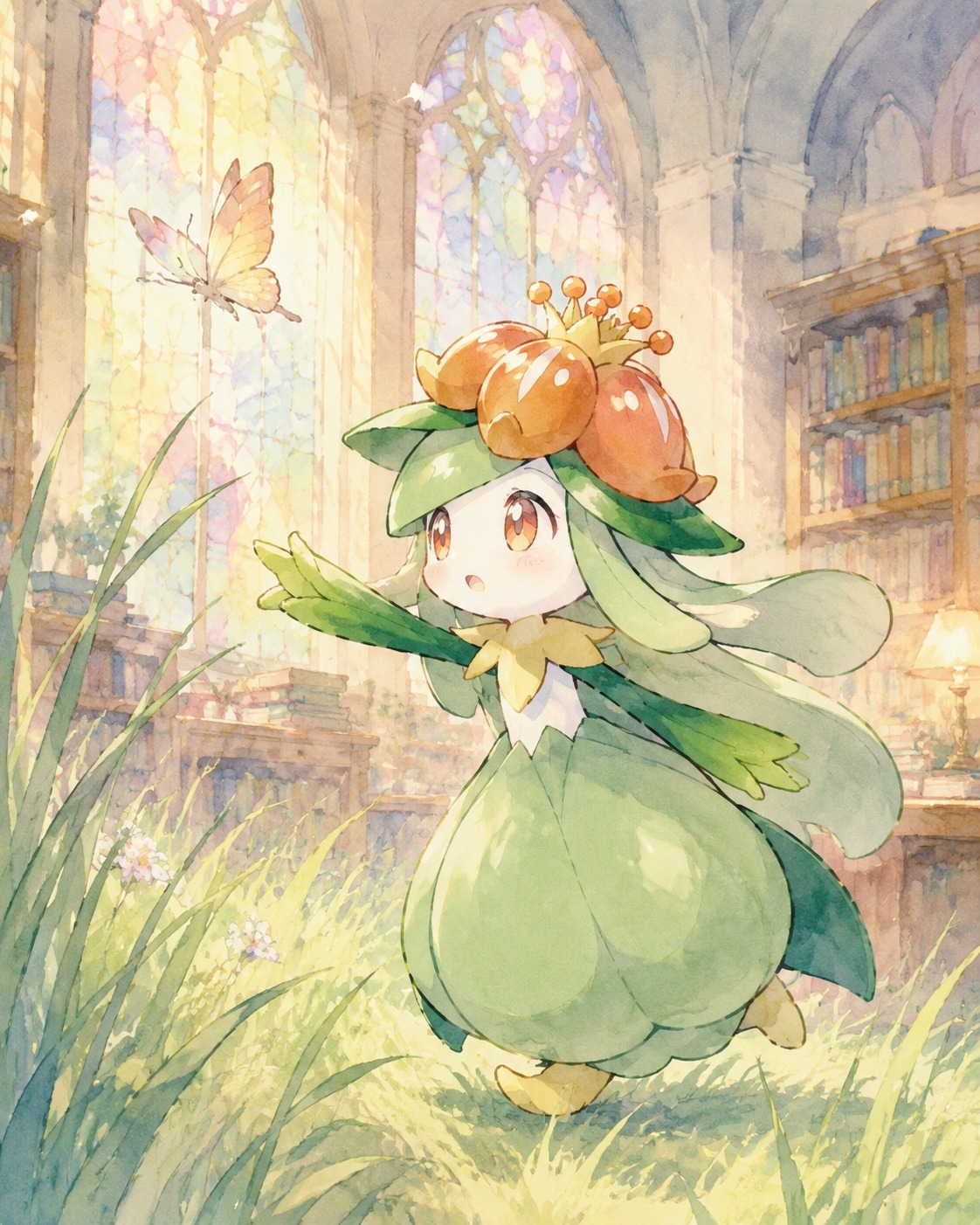 Chasing a butterfly through tall grass In a quiet library with stained glass windows (soft watercolor, ethereal pastel tones)