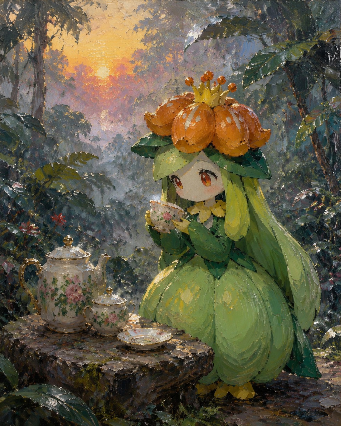 Inspecting a vintage porcelain tea set In a misty tropical rainforest at dawn (impressionist oil painting, thick brushstrokes)
