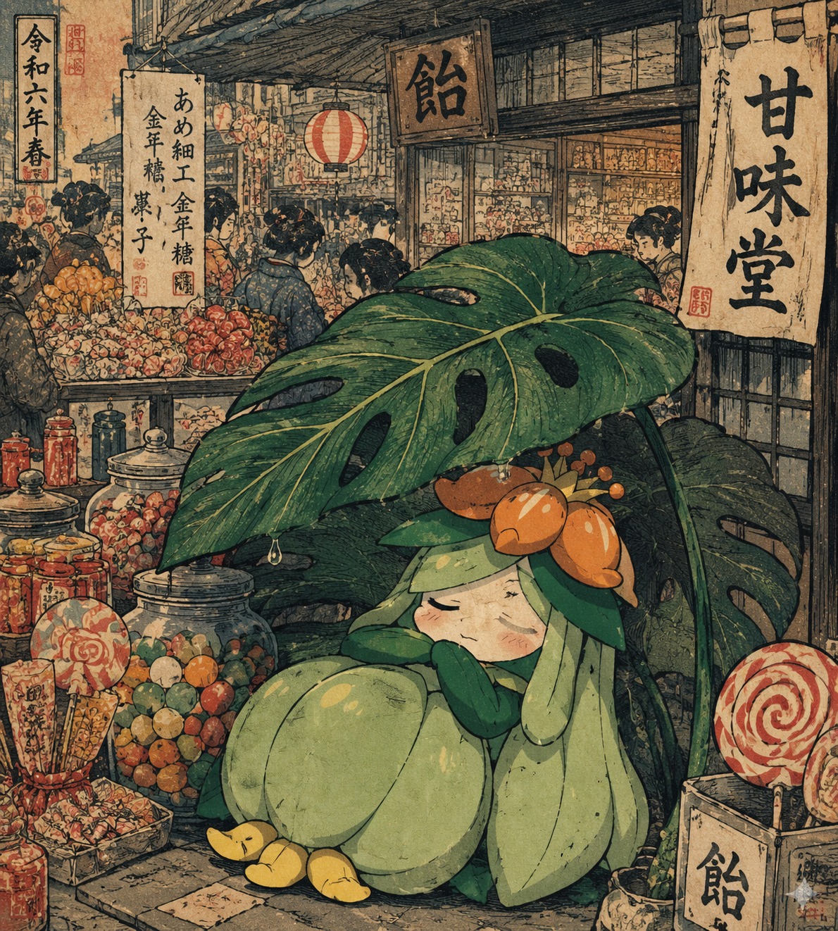 Napping under a wide monstera leaf In a busy urban candy shop (ukiyo-e woodblock print, traditional ink)
