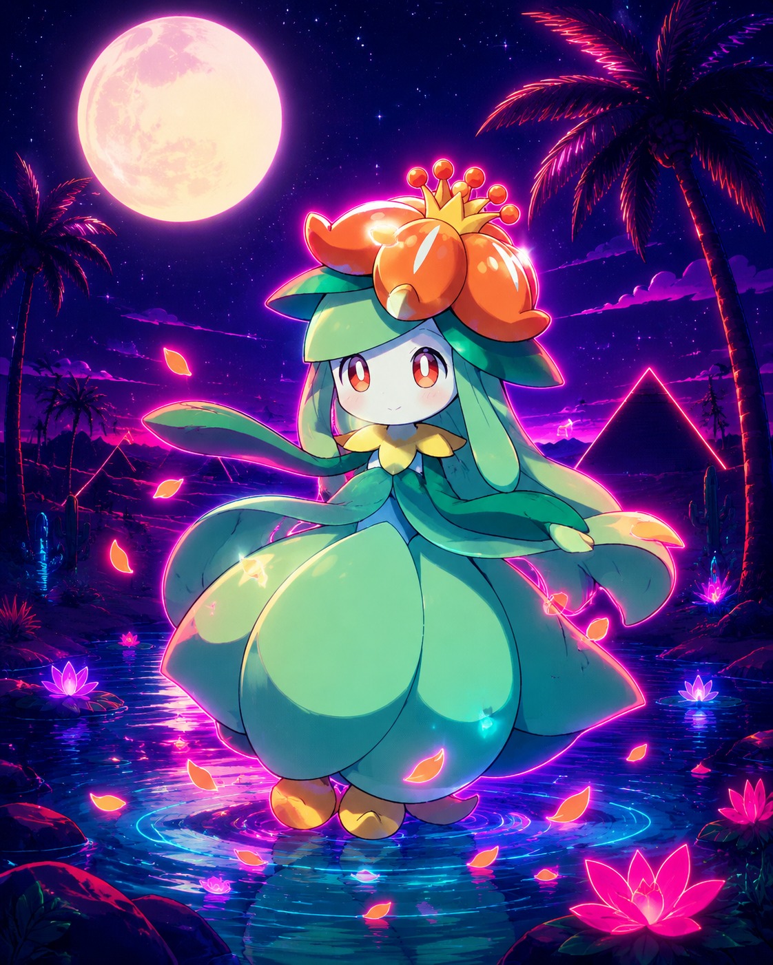 Performing a delicate petal dance At a moonlit desert oasis (bold retro synthwave, neon outlines)