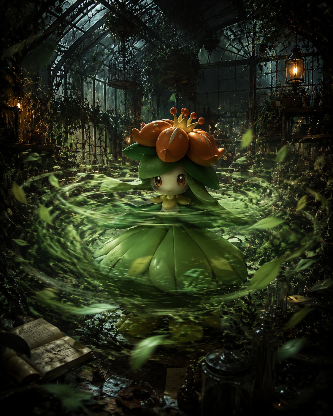 Spinning rapidly to generate a leaf storm In a cluttered greenhouse laboratory (moody dark fantasy, cinematic lighting)