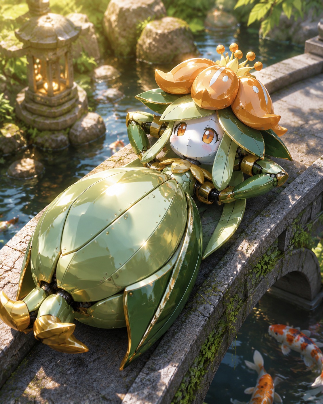Sunbathing to recharge her floral crown On a serene stone bridge over a koi pond (futuristic mecha-inspired, metallic textures)