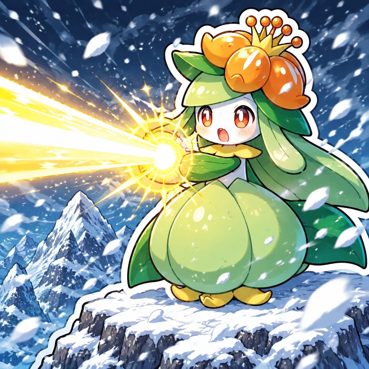 Unleashing a glowing solar beam On a snowy mountain peak during a blizzard (chunky chibi, vibrant sticker art)