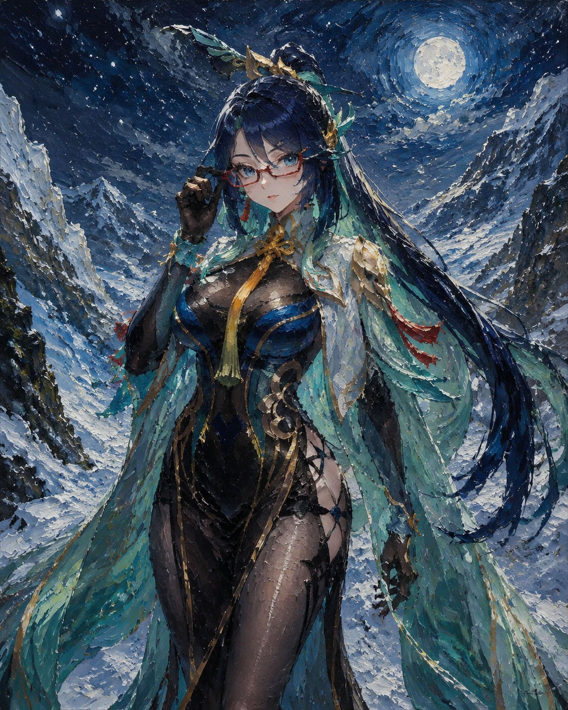 Adjusting her stylish red-rimmed glasses In a snowy mountain pass under the moonlight (rich oil painting with heavy impasto textures)