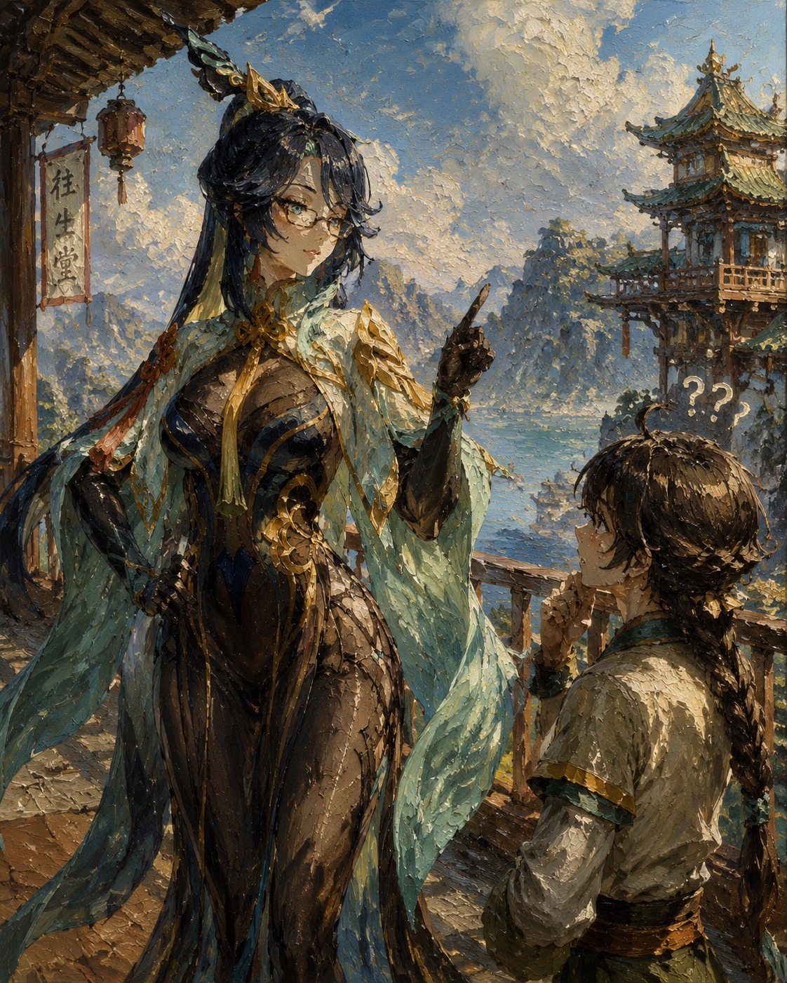 Lecturing a confused disciple with pride On the high balcony of the Wangshu Inn (rich oil painting with heavy impasto textures)