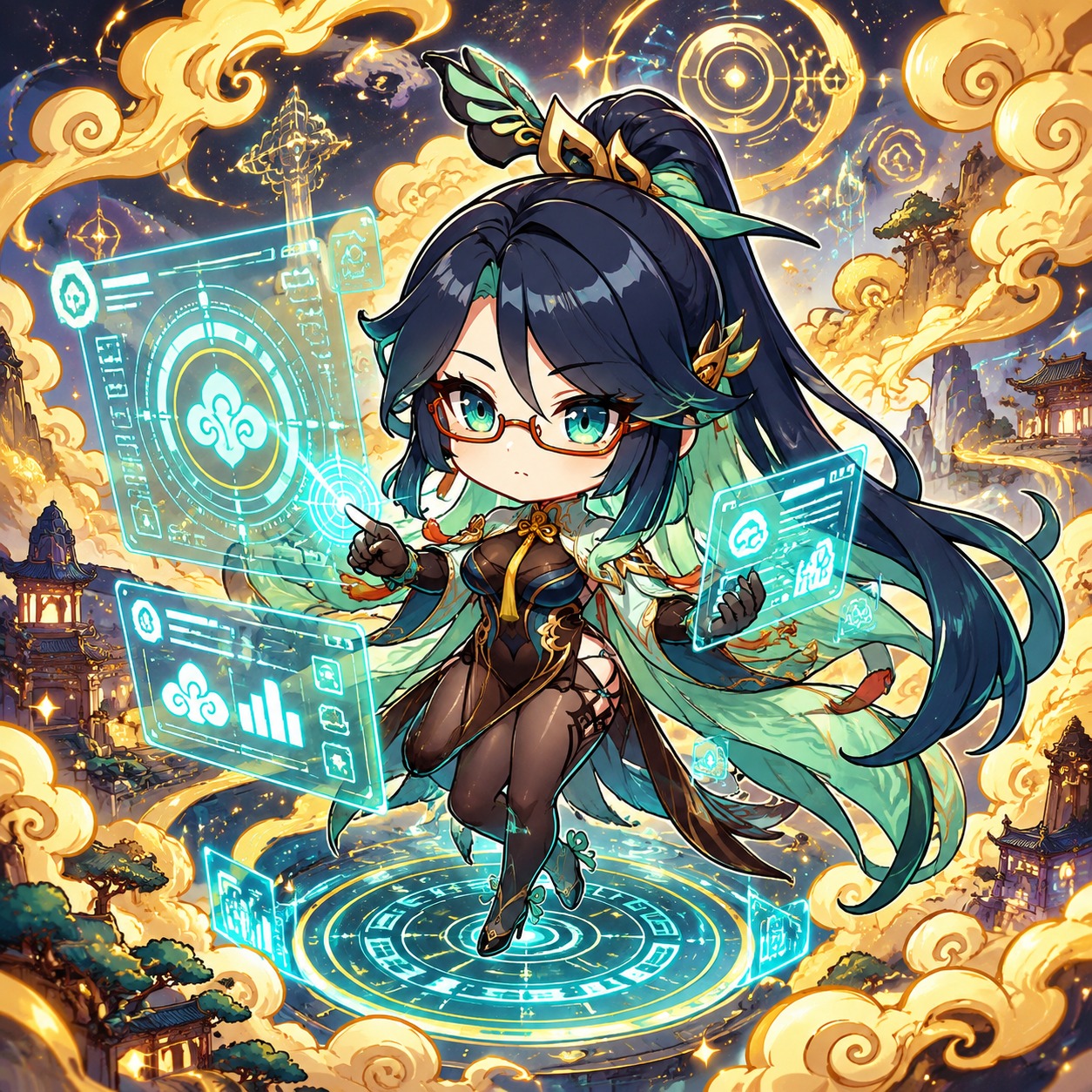 Navigating a glowing holographic digital interface Inside a swirling mystical domain of golden clouds (vibrant chibi art with bold outlines)