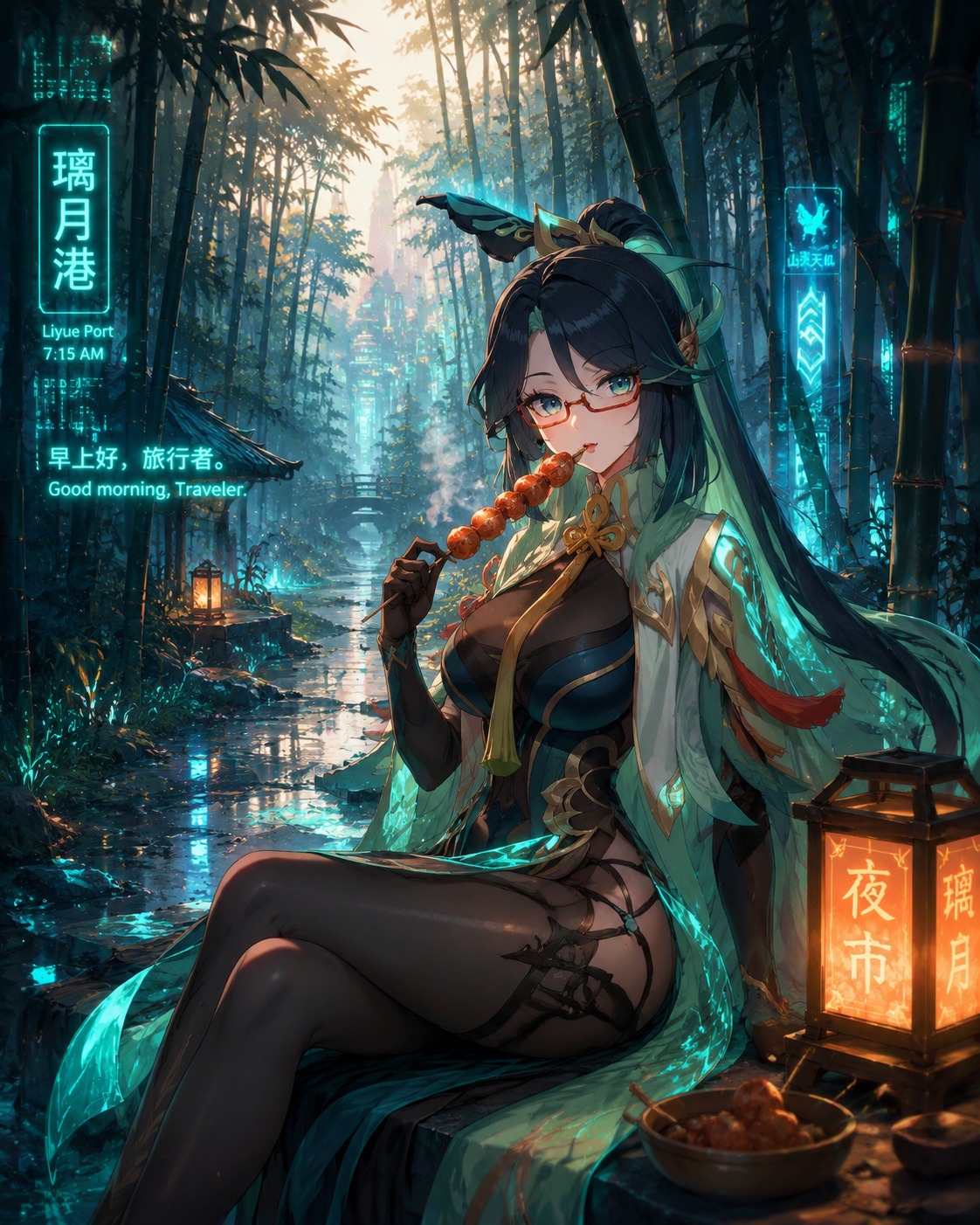 Sampling a spicy liyue street snack In a tranquil bamboo forest during early morning (cyberpunk neon aesthetic with glowing accents)