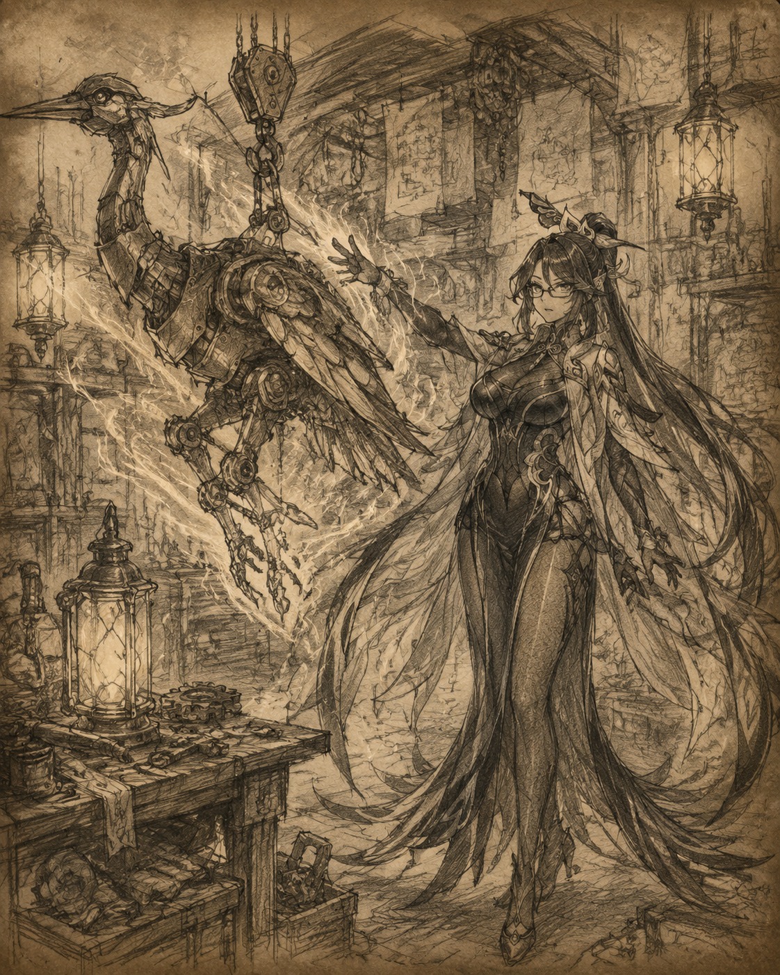 Summoning a mechanical crane prototype Inside a cluttered mechanical workshop lit by lanterns (rough charcoal sketch on aged parchment)