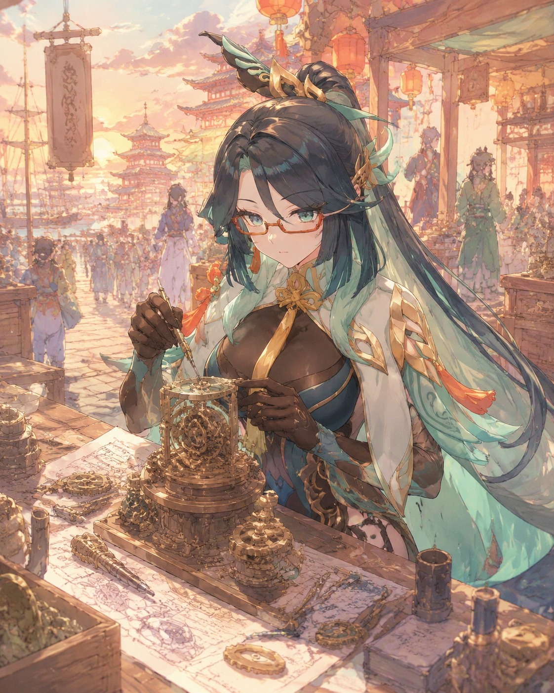 Tinkering with a complex brass mechanism In a bustling Liyue Harbor marketplace at sunset (soft watercolor anime with pastel hues)