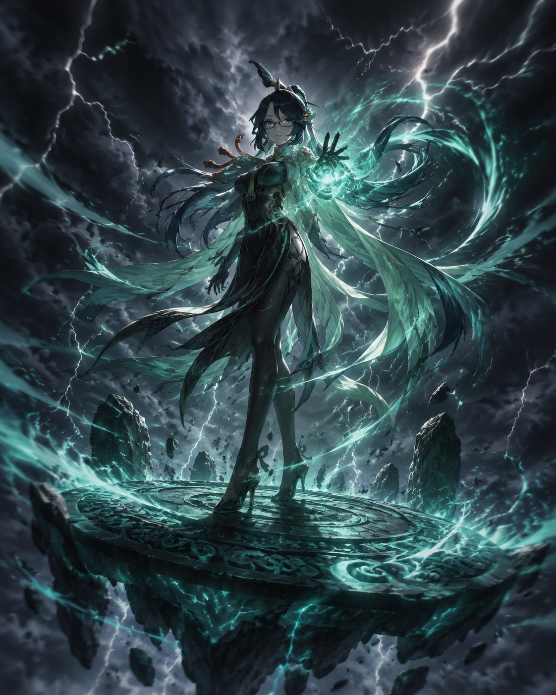 Unleashing a powerful burst of anemo energy On a floating jade platform during a thunderstorm (cinematic noir with high contrast shadows)