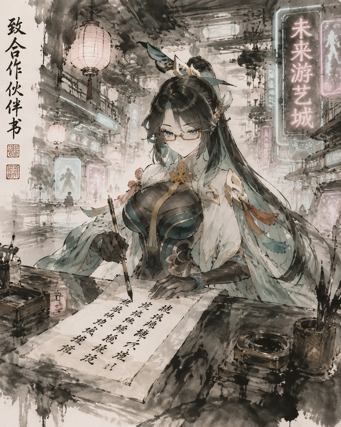 Writing a formal letter with a calligraphy brush At a futuristic neon arcade in the city (traditional Chinese ink wash painting)
