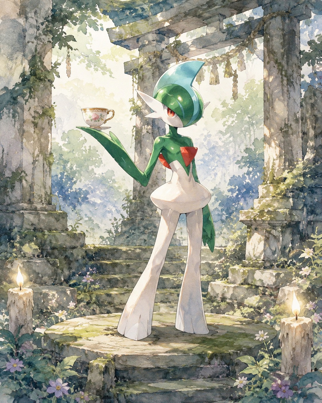 Balancing a delicate teacup on one blade At the altar of a ruined forest shrine (watercolor anime, soft lighting)