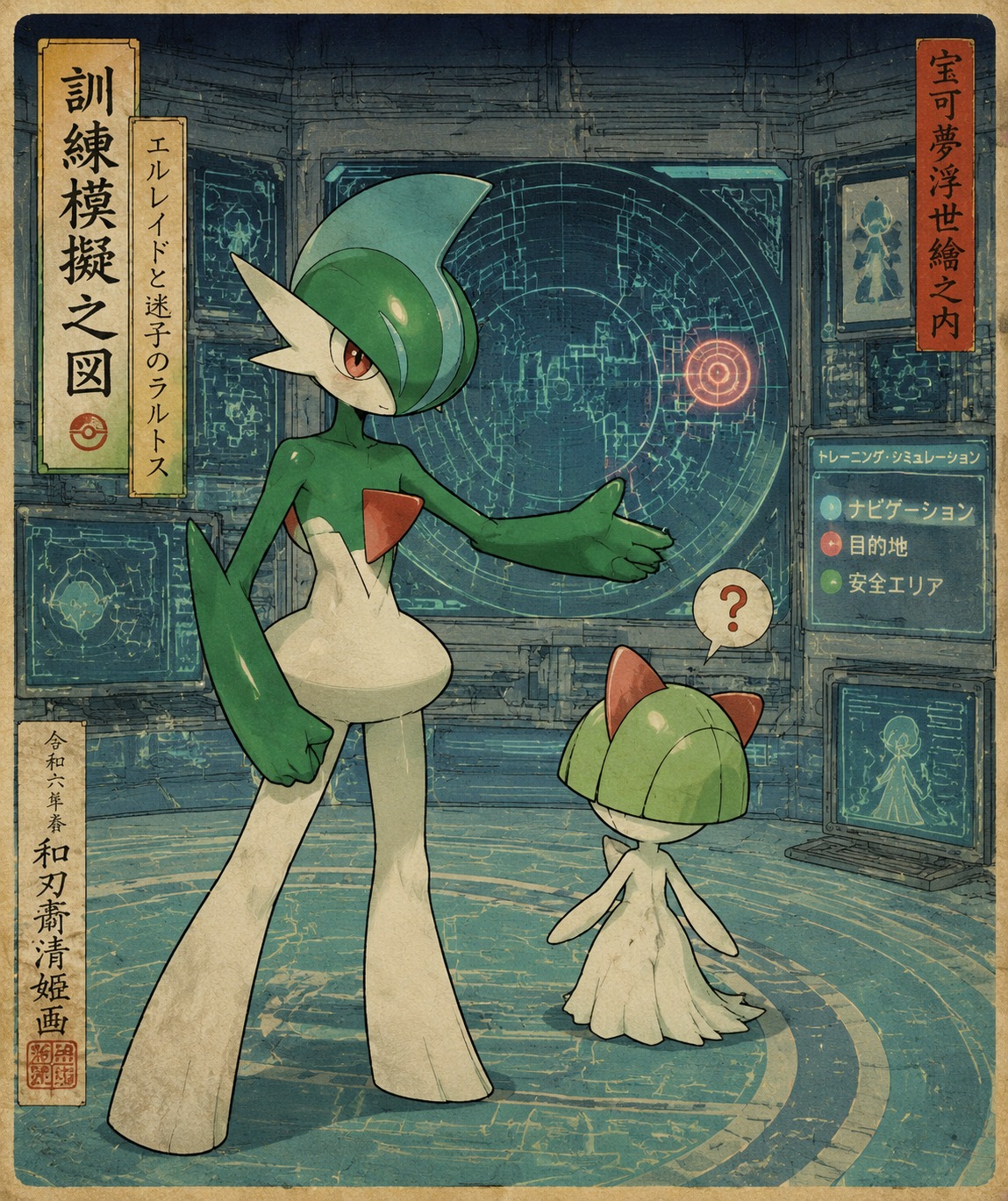 Helping a lost ralts find its way In a high-tech training simulation room (ukiyo-e style woodblock print)