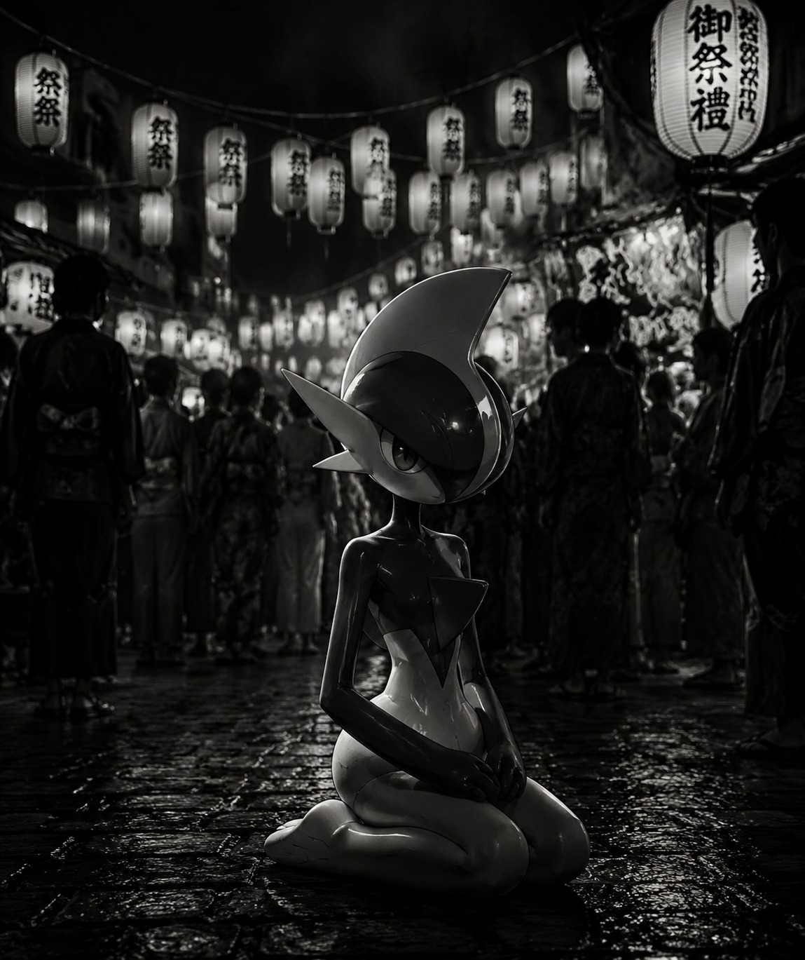 Meditating silently in a seiza position At a crowded festival under paper lanterns (cinematic noir, dramatic shadows)