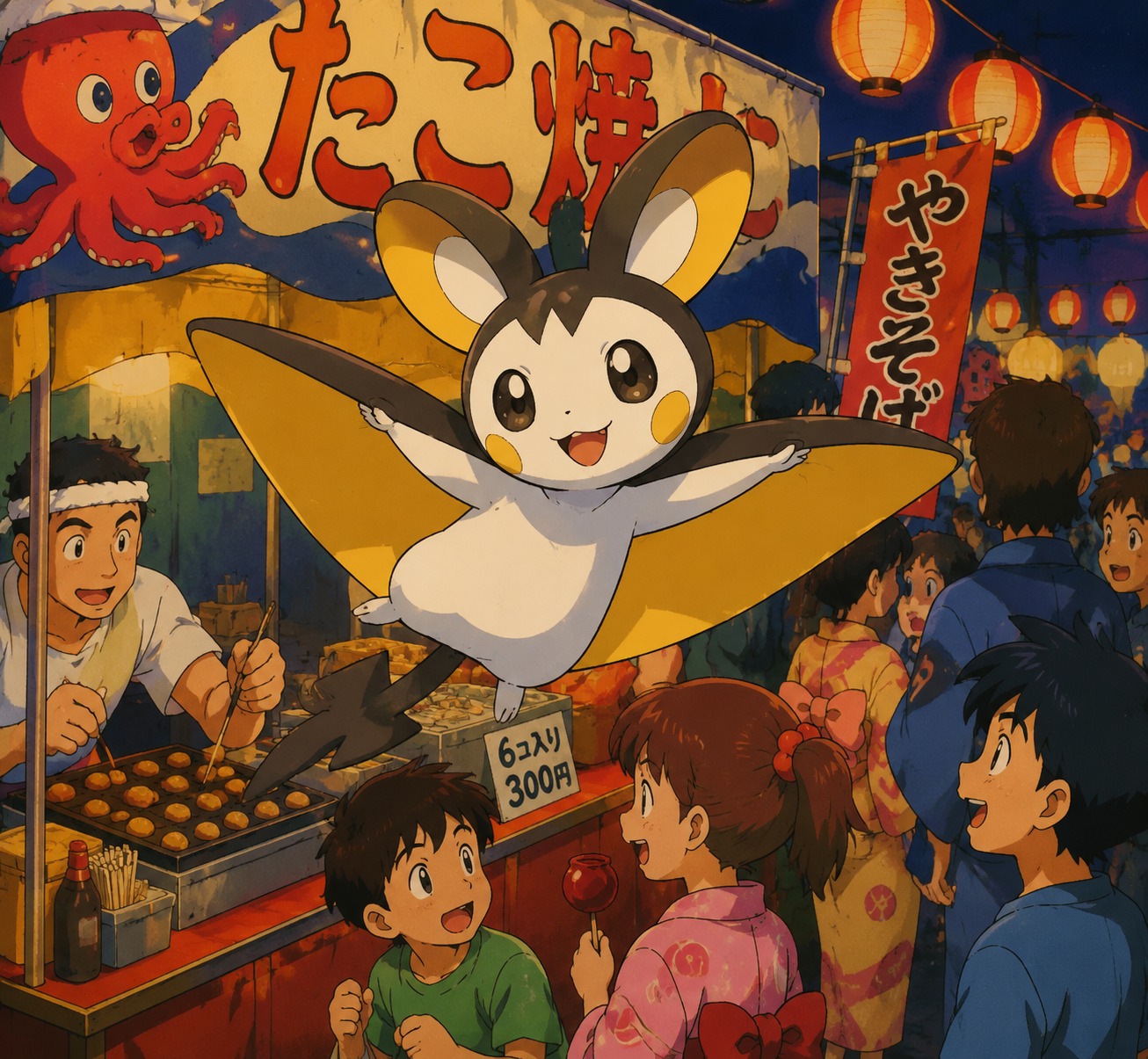Gliding with membranes fully extended At a crowded summer festival stall (vibrant 90s anime cel-shaded)