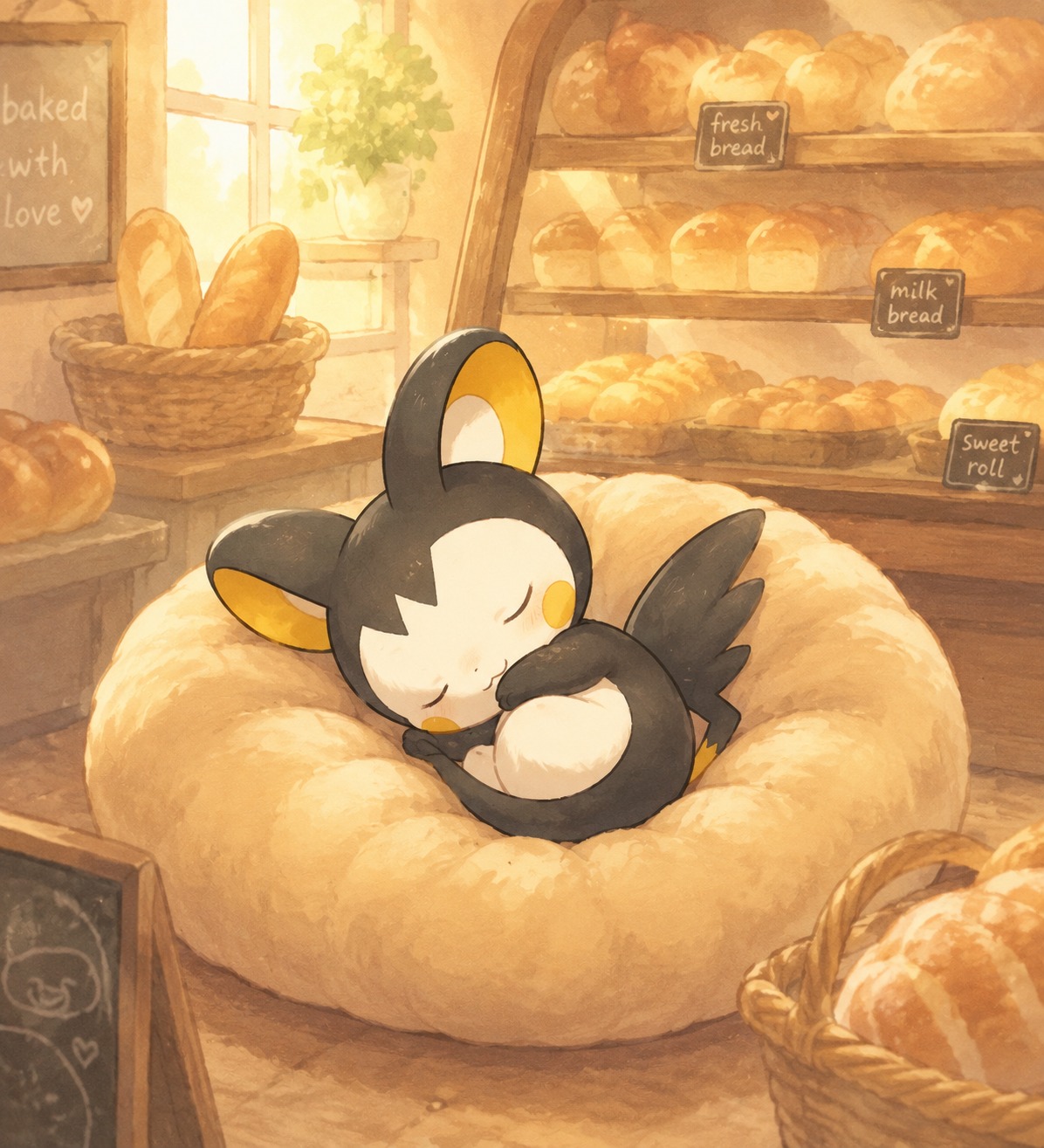 Napping curled in a tight ball In a warm bakery smelling of fresh bread (pastel storybook illustration, soft edges)