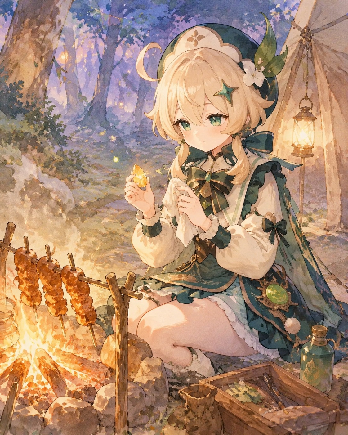 Carefully polishing a small jagged amber shard At a lively campfire with roasting meat skewers (watercolor anime, soft lighting and pastel tones)