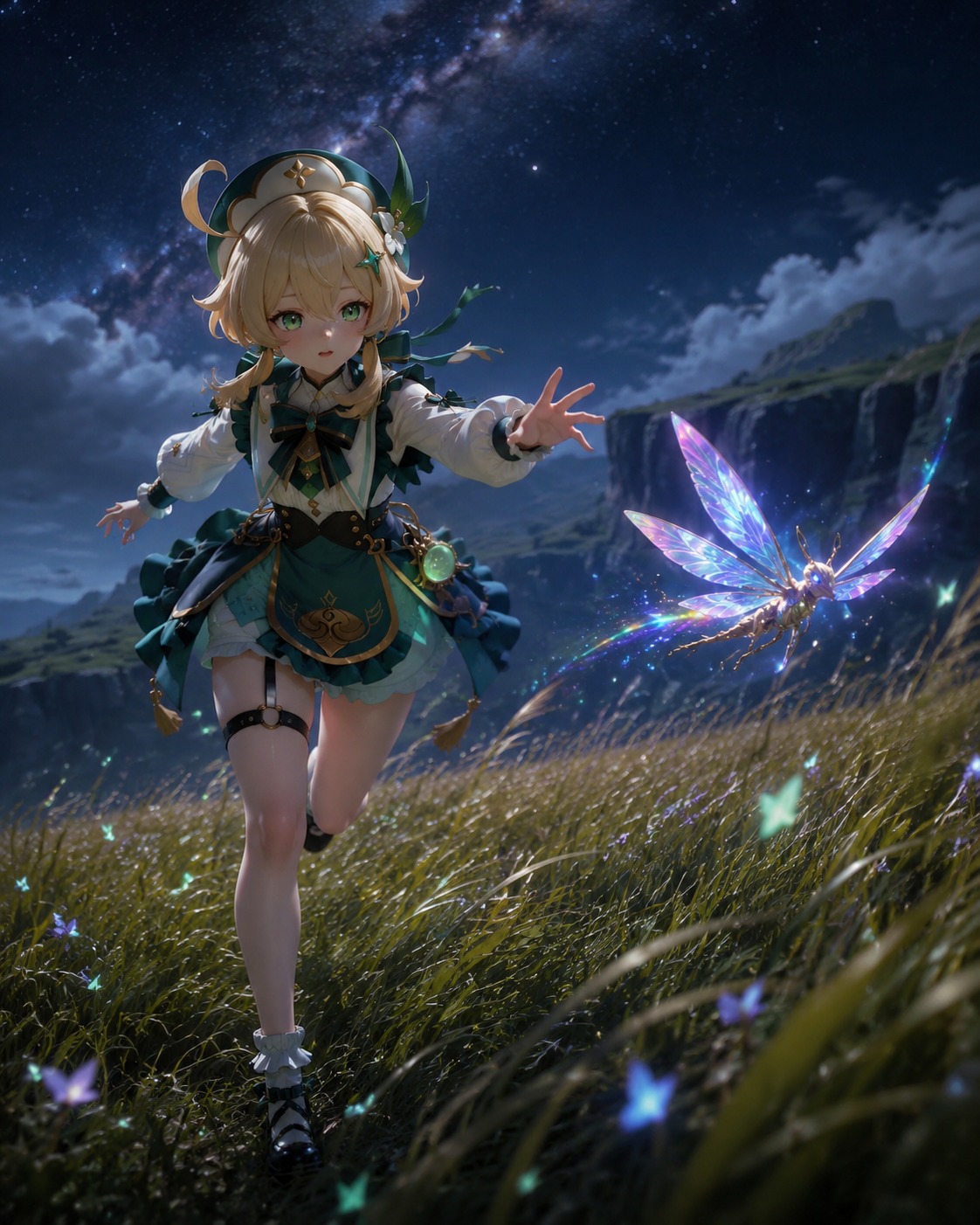 Chasing a colorful crystalfly through tall grass On a wind-swept plateau under a starry night sky (sleek digital 3D render, ray-traced lighting and metallic textures)