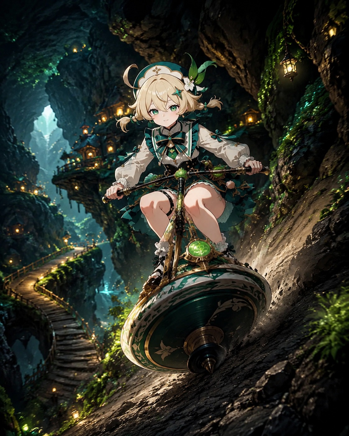 Riding her turbo twirly across a steep cliffside Inside a cozy cavern glowing with luminous moss (cinematic high-fantasy, sharp focus and dramatic shadows)
