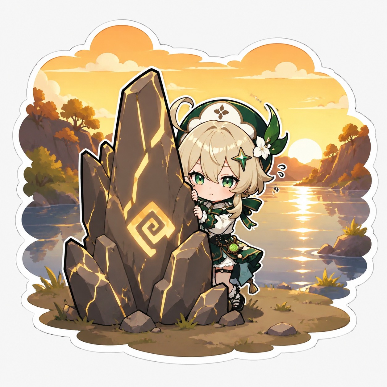 Shielding herself behind a jagged geo construct At a quiet riverside during a golden sunset (chibi stickers, bold outlines and flat colors)