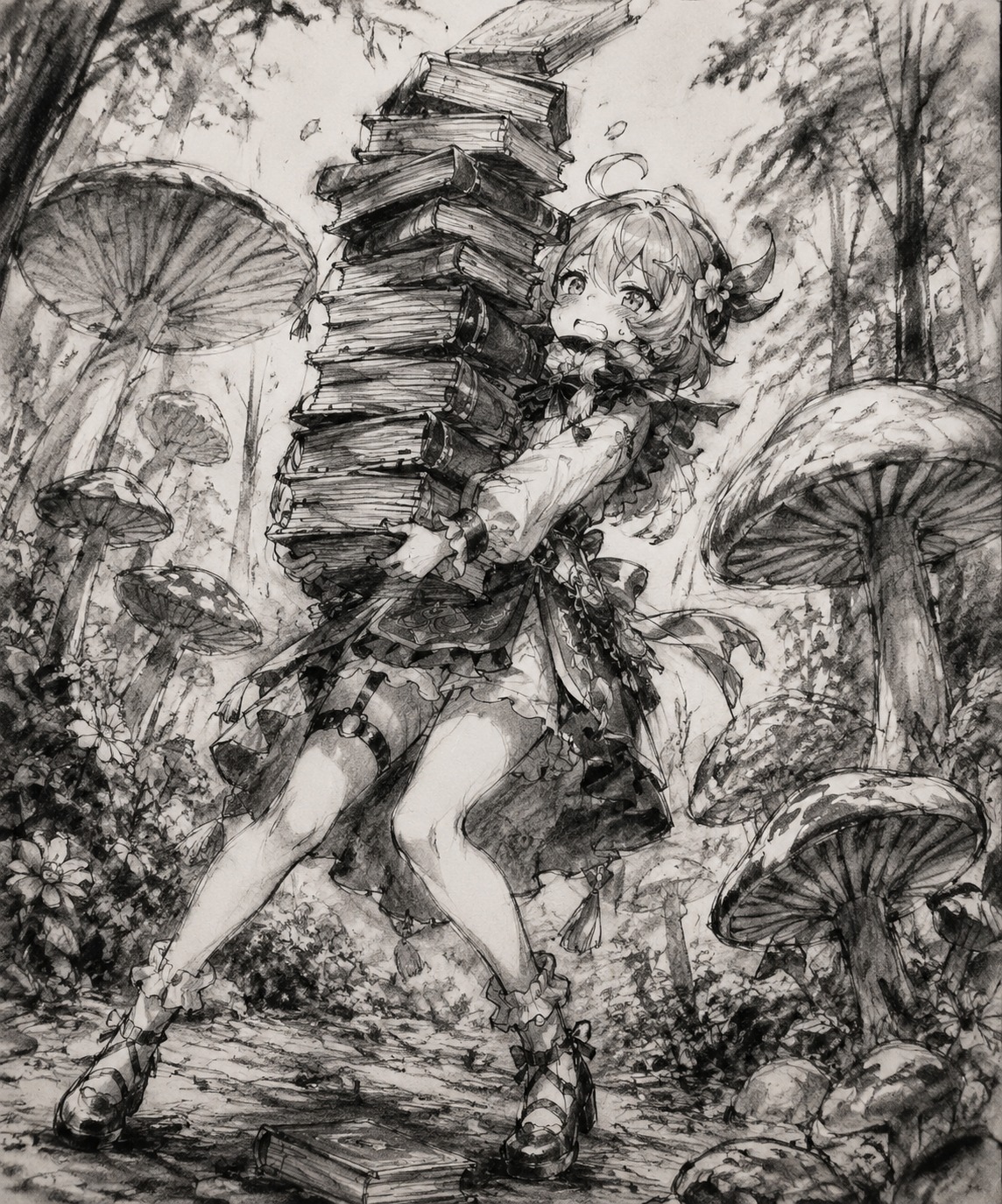 Struggling to carry a mountain of heavy books In a lush forest clearing surrounded by giant mushrooms (charcoal sketch, expressive lines and messy smudges)