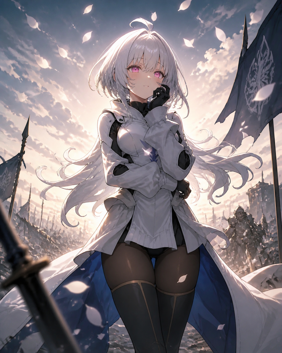Daydreaming with a playful glint in his eyes On a battlefield amidst falling white petals (cinematic fantasy illustration, dramatic backlight)