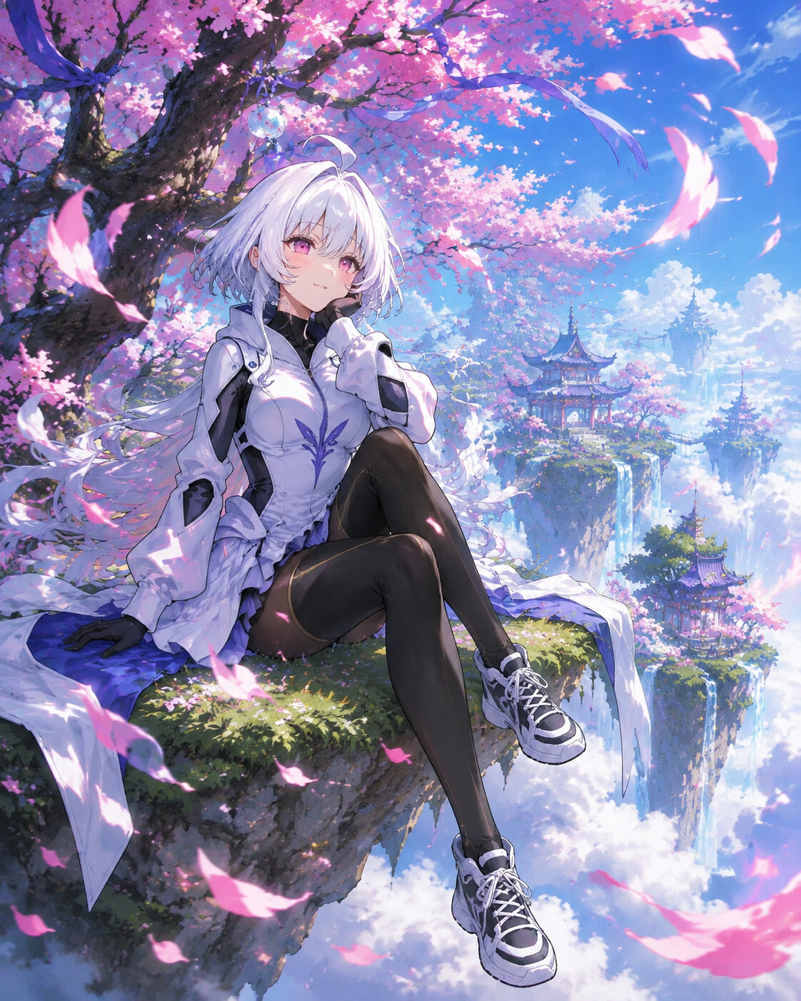 Daydreaming with a playful glint in his eyes on a floating island high above the clouds (vibrant anime art)