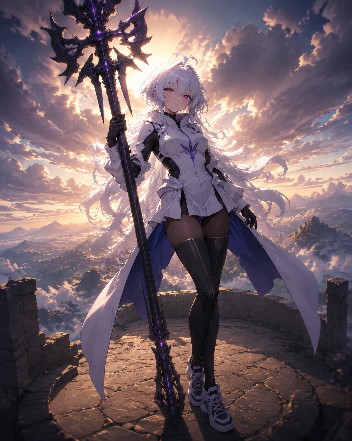 Leaning against a massive staff while smirking at the top of a stone tower without doors (cinematic fantasy illustration)