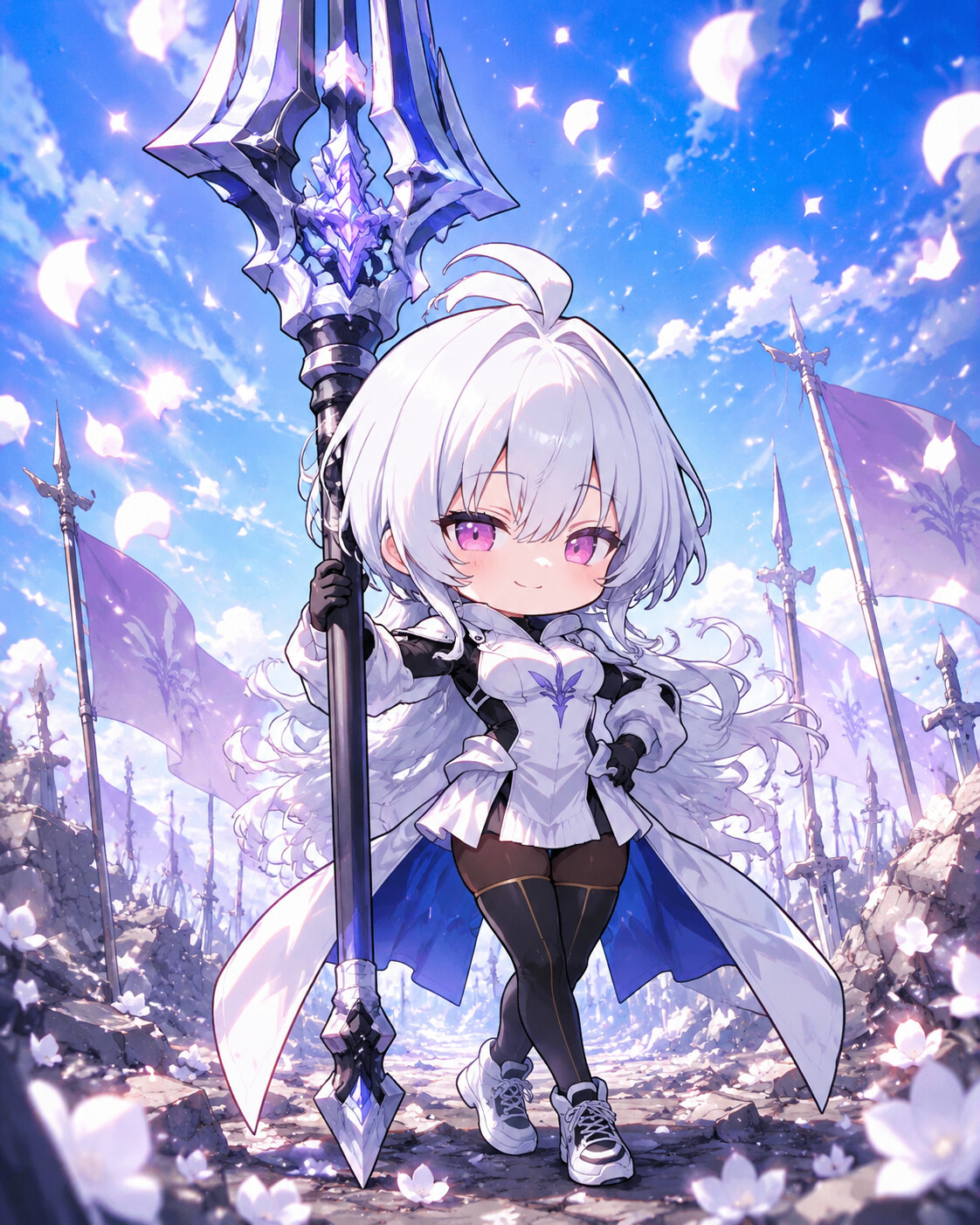 Leaning against a massive staff while smirking on a battlefield amidst falling white petals (chibi style)