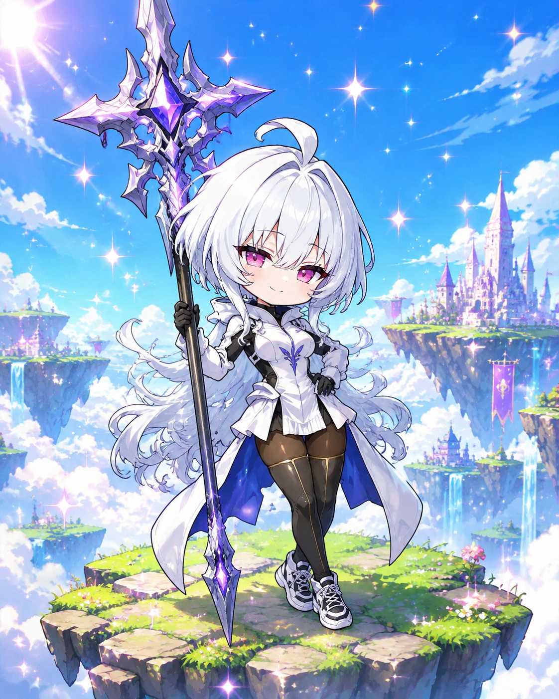 Leaning against a massive staff while smirking On a floating island high above the clouds (chibi style, bright colors and sparkling effects)