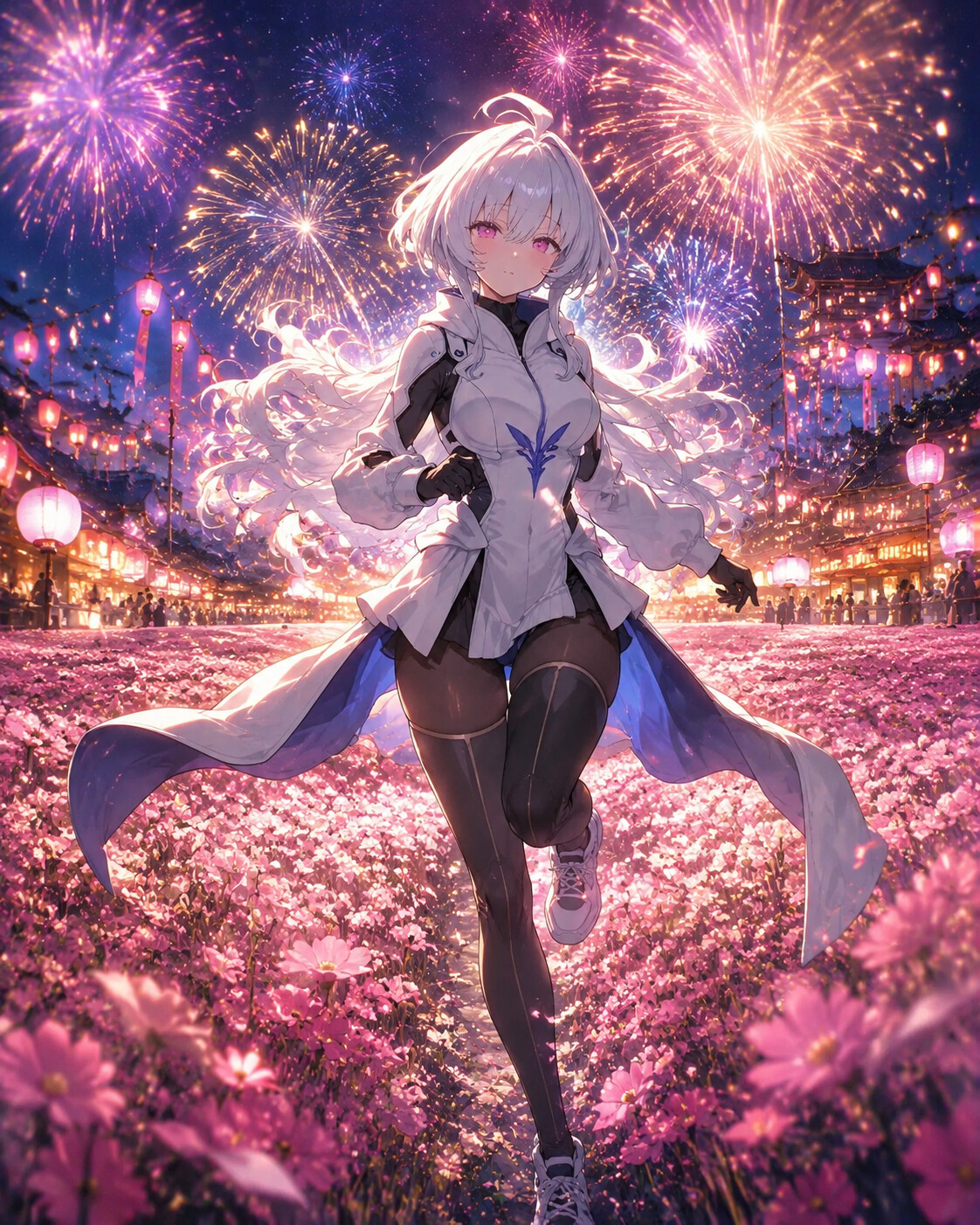 Running through a field of endless pink blooms at a bustling summer festival under fireworks (cinematic fantasy illustration)